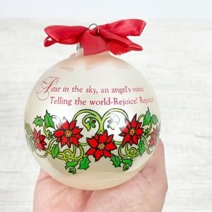 Helen Steiner Rice Christmas Ornament 1980 White Pearl Ball w Red Bow Poinsettia